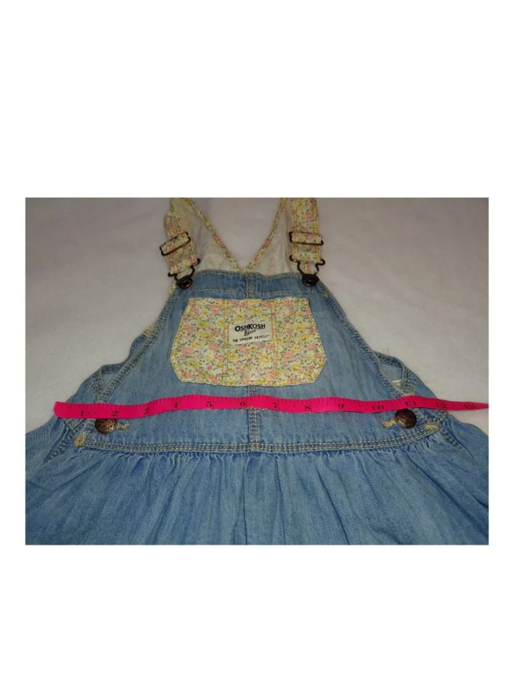 OshKosh B’gosh Girls 3T Denim Overall Jumper Dress Floral Pocket & Straps